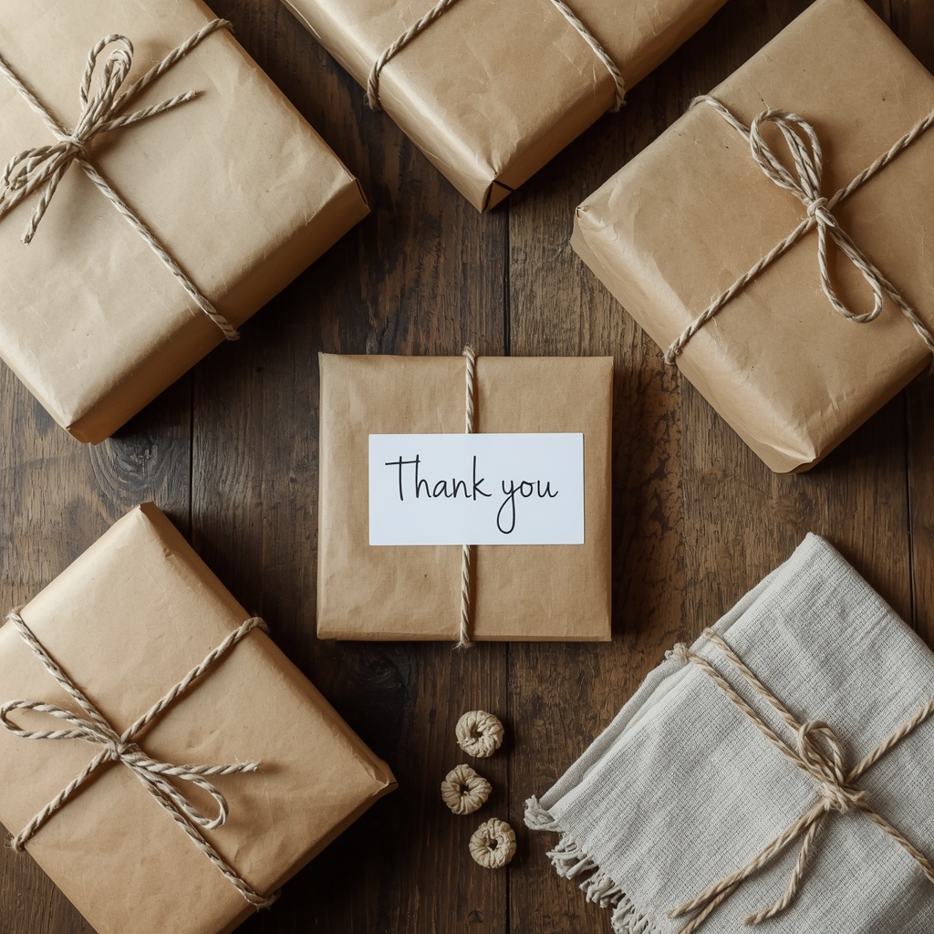 A flat lay of packaged products with brown paper wrapping, twine, and a thank you card on a rustic wooden table with soft natural lighting